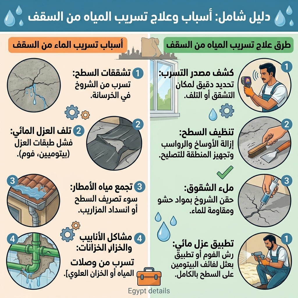 اسباب تسريب الماء من السقف وطرق علاج تسريب المياه من السقف