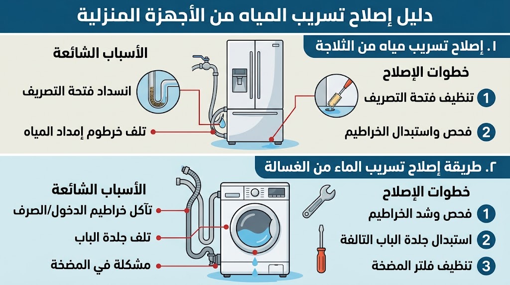 كيفية اصلاح تسريب المياه من الثلاجة وطريقة اصلاح تسريب الماء من الغسالة