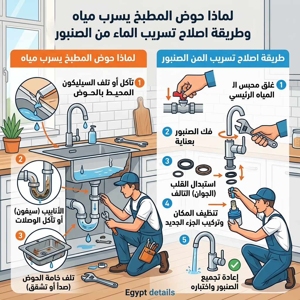 لماذا حوض المطبخ يسرب مياه وطريقة اصلاح تسريب الماء من الصنبور