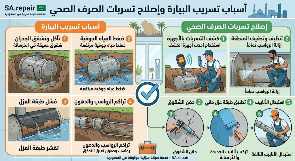 أسباب تسريب البيارة وإصلاح تسربات الصرف الصحي