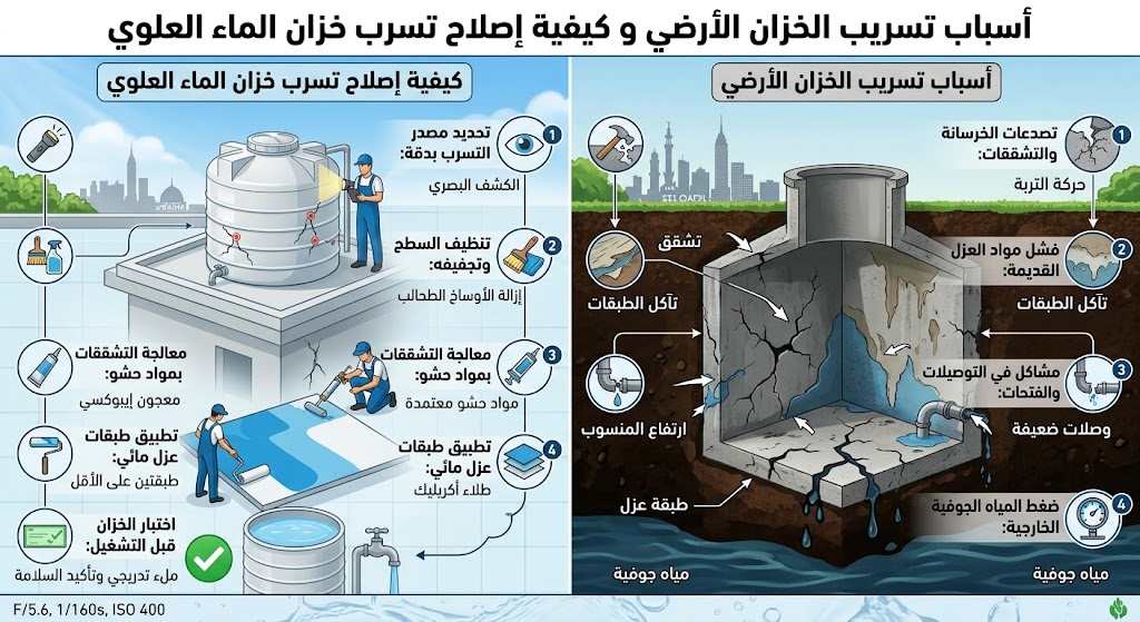 أسباب تسريب الخزان الأرضي وكيفية إصلاح تسرب خزان الماء العلوي