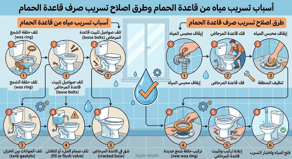 أسباب تسريب مياه من قاعدة الحمام وطرق اصلاح تسريب صرف قاعدة الحمام