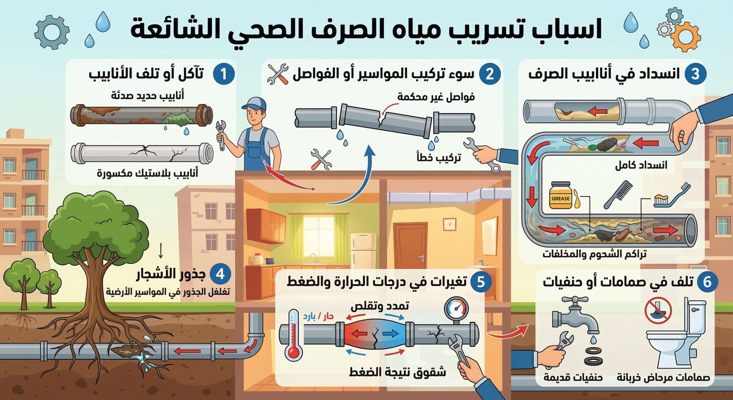 الابلاغ عن تسرب مياه الصرف الصحي واسباب تسريب مياه الصرف الصحي الشائعة scaled