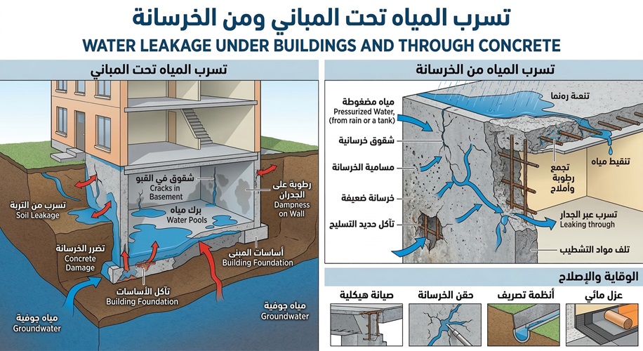 تسرب المياه تحت المباني ومن الخرسانة