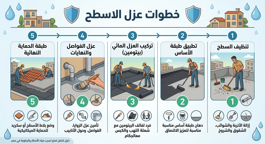 خطوات عزل الاسطح لمعالجة تسربات الاسطح 2 خطوات عزل الاسطح لمعالجة تسربات الاسطح