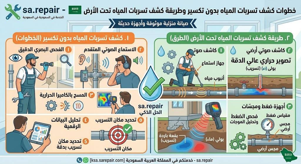 خطوات كشف تسربات المياه بدون تكسير وطريقة كشف تسربات المياه تحت الأرض