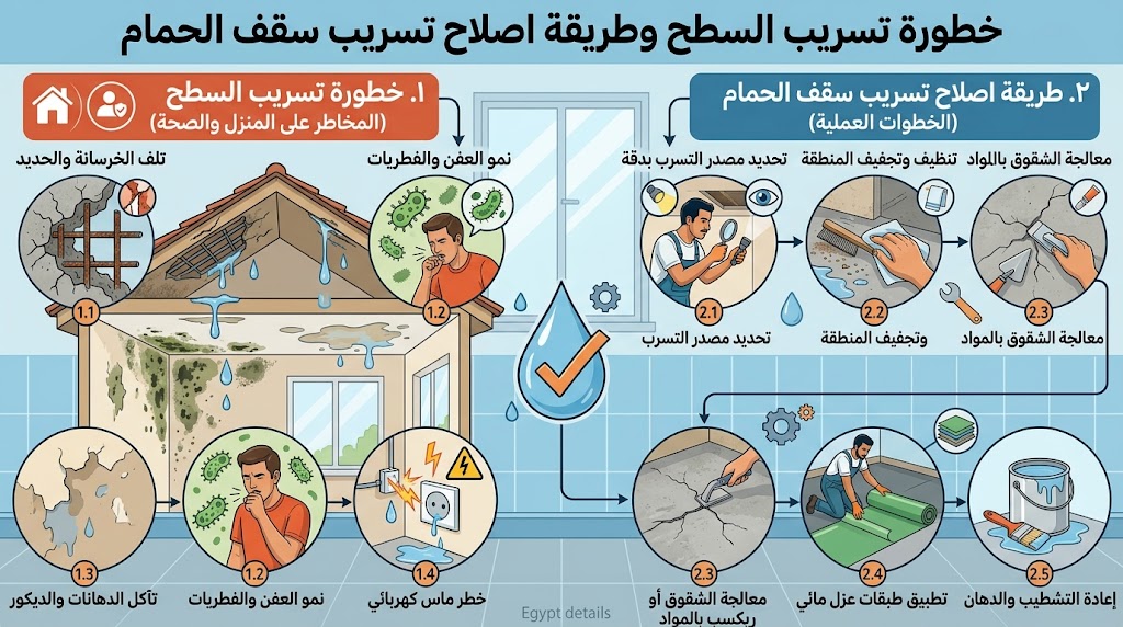 خطورة تسريب السطح وطريقة اصلاح تسريب سقف الحمام