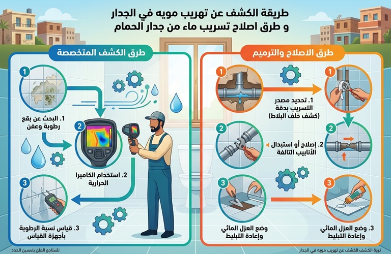 طريقة الكشف عن تهريب مويه في الجدار وطرق اصلاح تسريب ماء من جدار الحمام