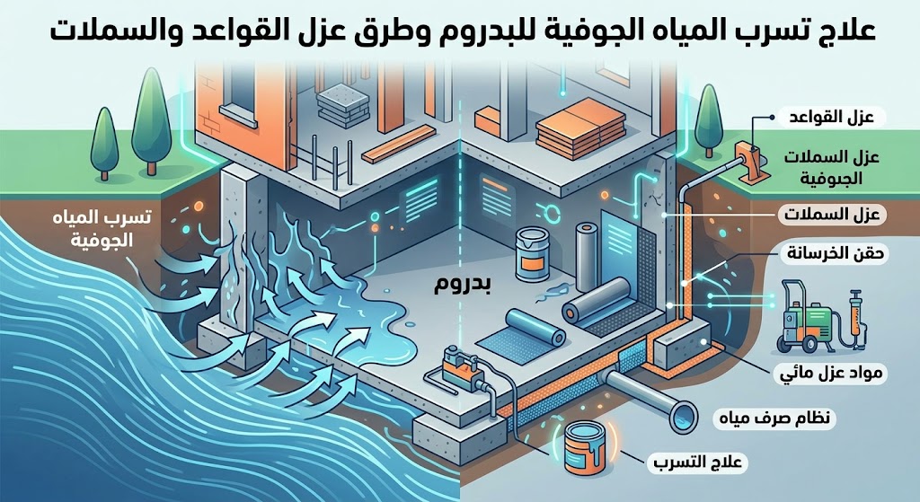 علاج تسرب المياه الجوفية للبدروم وطرق عزل القواعد والسملات