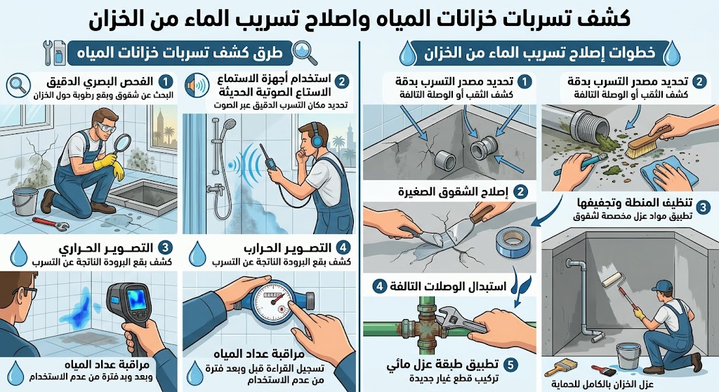 كشف تسربات خزانات المياه واصلاح تسريب الماء من الخزان