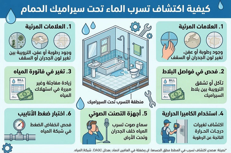 كيف اكتشف تسرب الماء تحت البلاط والسيراميك والحمام السطح الاسباب وطريقة العلاج