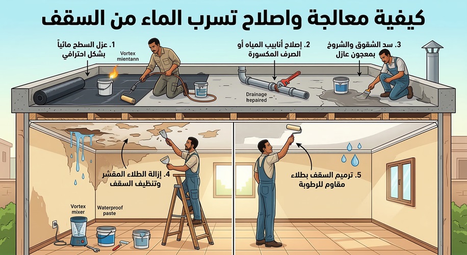 كيفية معالجة واصلاح تسرب الماء من السقف 4 كيفية معالجة واصلاح تسرب الماء من السقف
