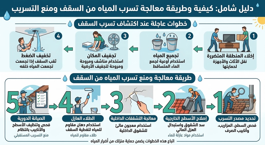 كيفية وطريقة معالجة تسرب المياه من السقف ومنع التسريب