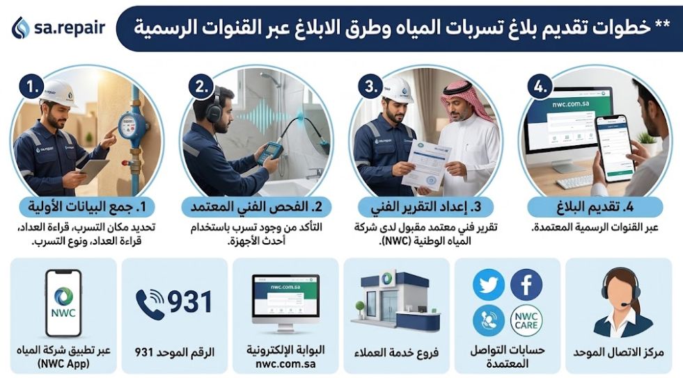 رقم بلاغ تسربات المياه وحل ارتفاع الفاتورة مع تقرير معتمد 2 خطوات تقديم بلاغ تسربات المياه وطرق الابلاغ عن تسرب مياه عبر القنوات الرسمية