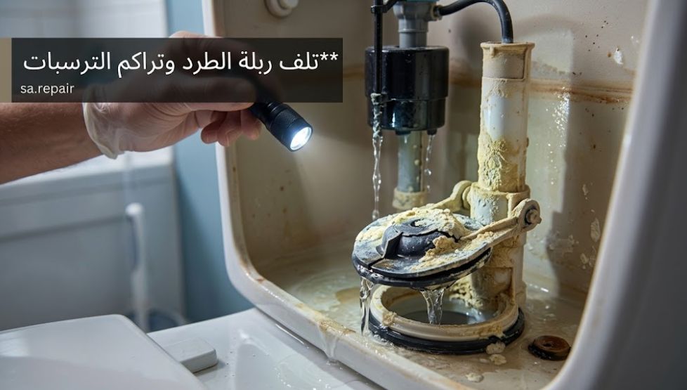 إصلاح تسريب الماء من السيفون وكرسي الحمام الإفرنجي 2 تلف ربلة الطرد السفلية (Flapper Valve) وتراكم الترسبات الكلسية